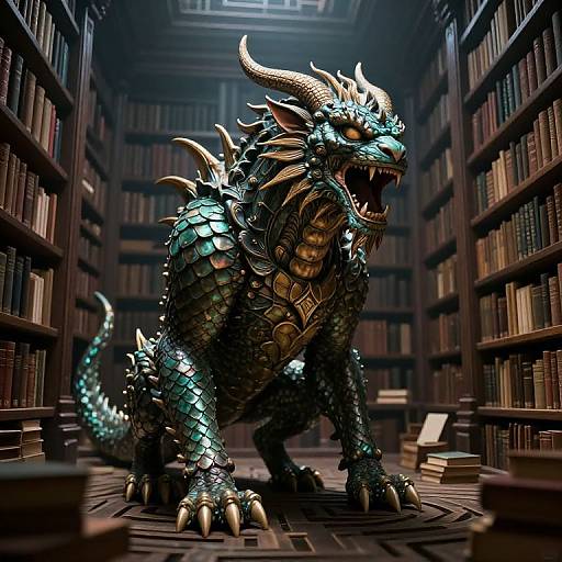 CGI fantasy dragon with green scales, golden horns, and sharp claws roars in a dimly lit, book-filled library.