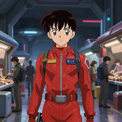 Anime-style digital illustration of a serious young man in a red jumpsuit with 