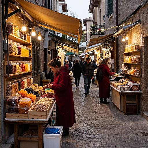 Photograph of a narrow, cobblestone European market alley at dusk, lit by warm, hanging lights, with vendors selling jars, nuts, and