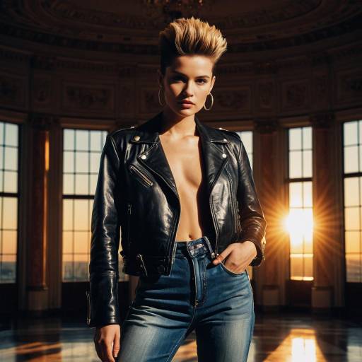 Fashion Model with Pompadour Hairstyle in Leather Jacket