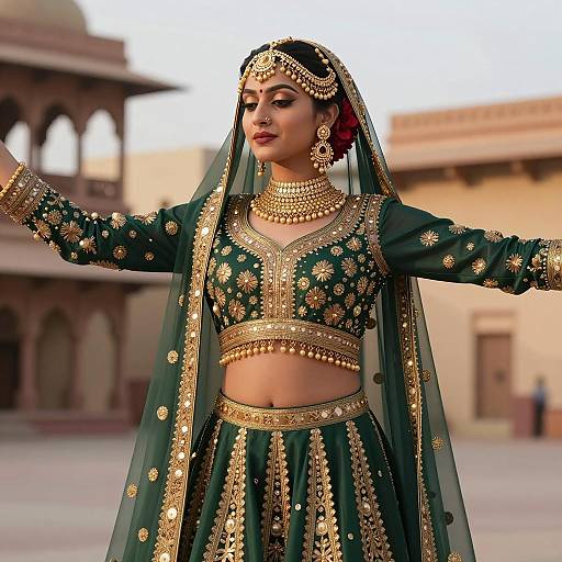 Indian Woman in Traditional Green and Gold Dance Outfit