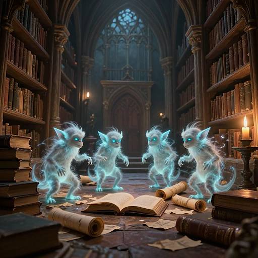 Fantasy photograph: Four glowing blue, ethereal feline creatures with luminous eyes and fur, standing around an open book in a dimly lit