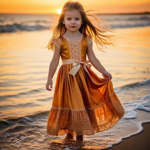 Toddler Girl in Elegant Dress at Sunset Beach