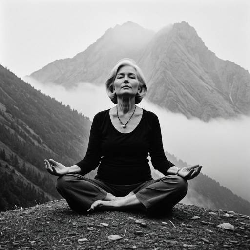 Older Woman Meditating Outdoors in Foggy Mountains