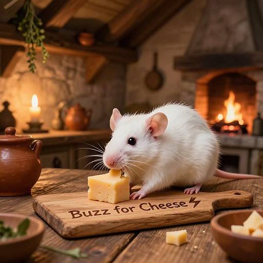 Photograph of a white rat nibbling cheese on a wooden board labeled 