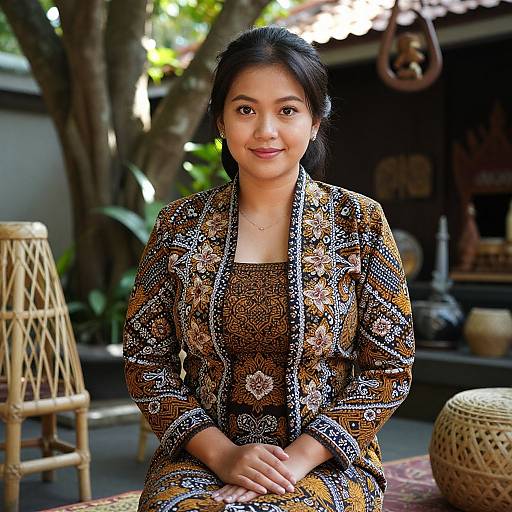 Photograph of an Asian woman with dark hair in a patterned brown and orange dress, smiling, sitting outdoors, surrounded by wicker furniture and trees