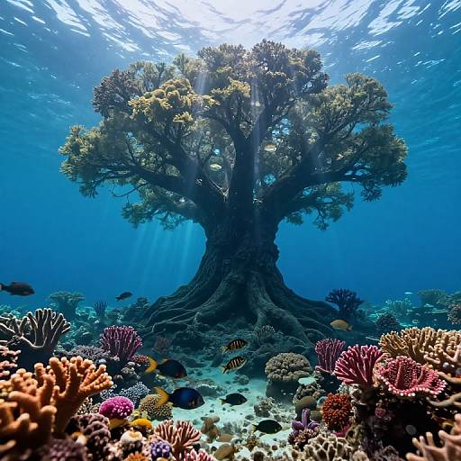 Photograph of an underwater scene featuring a massive, sunlit tree with sprawling branches amidst vibrant coral reefs and colorful fish.