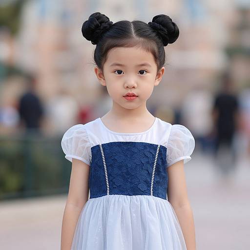 Photograph of an Asian young girl with black bun hairstyles, wearing a white dress with navy lace bodice, standing in a blurred outdoor urban setting.