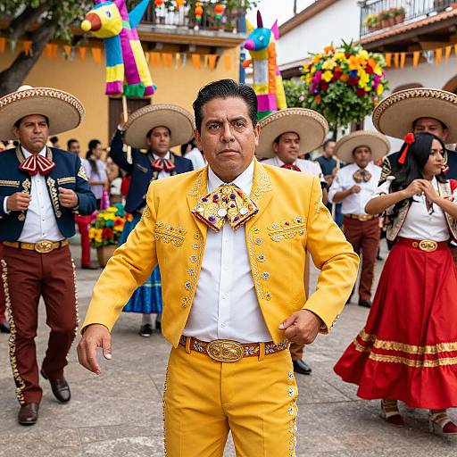 Photograph of a Mexican man in a bright yellow traditional suit, leading a colorful dance procession with fellow dancers in vibrant attire, decorated buildings, and festive