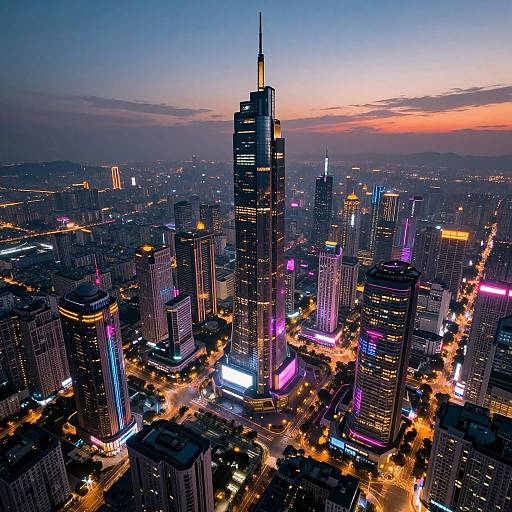 Aerial photograph of a vibrant cityscape at dusk, featuring illuminated skyscrapers with purple and pink neon lights, surrounded by glowing streetlights and a