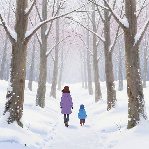 Photograph of a winter forest: Adult in purple coat and child in blue coat walk away, flanked by snow-covered trees.