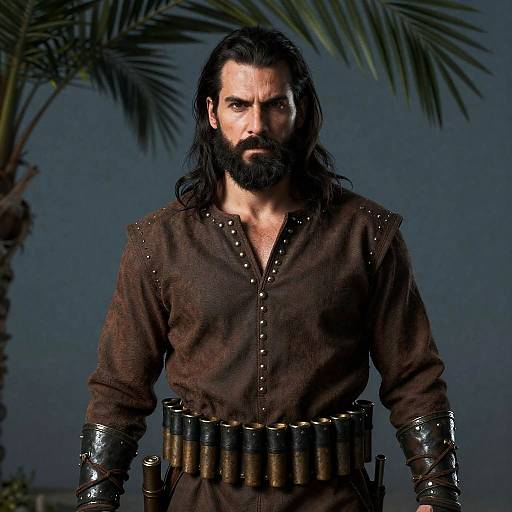 Intense Bearded Warrior Under Palm Leaves