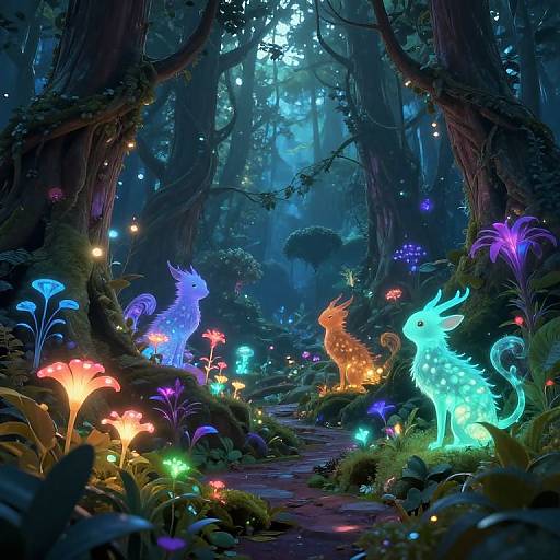 Dreamy, illuminated forest scene with glowing mushrooms, colorful luminescent deer-like creatures, and twinkling lights amid towering trees. Digital art in a