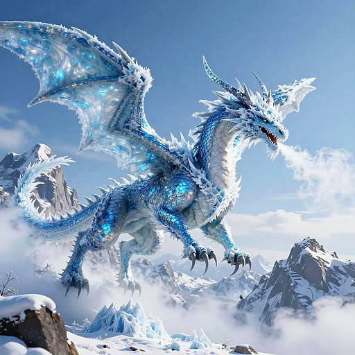 Giant Ice Dragon Over Frozen Mountains