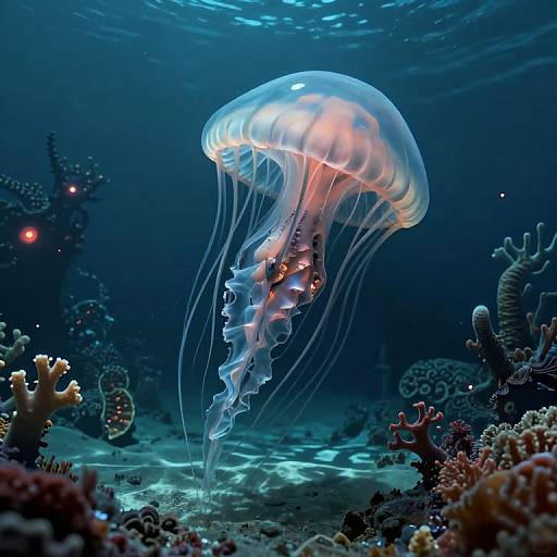 Photograph of a glowing, translucent jellyfish with pink and white accents, floating above a vibrant underwater coral reef in a deep blue ocean.