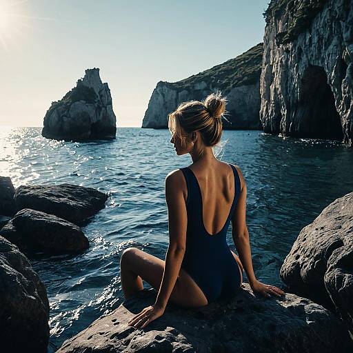 Woman Sitting on Rocks by Sea Cave
