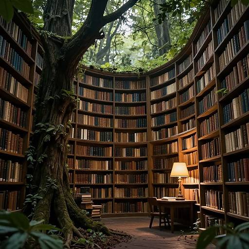 Photograph of a cozy, circular library with wooden bookshelves, a lit table lamp, and a large tree trunk in the center. Sunlight