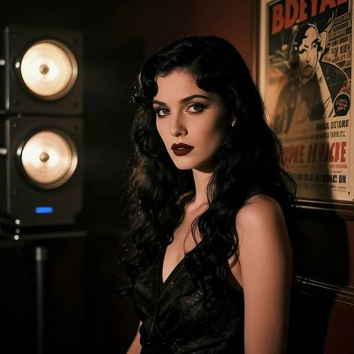 Photograph of a dark-haired woman with sultry makeup, wearing a black dress, standing in a dimly lit room with studio lights and a vintage