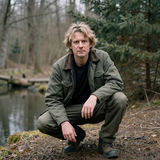 Middle-aged Man Crouching in Forest