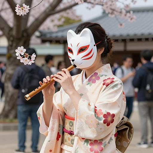Japanese Woman in Fox Mask Playing Flute