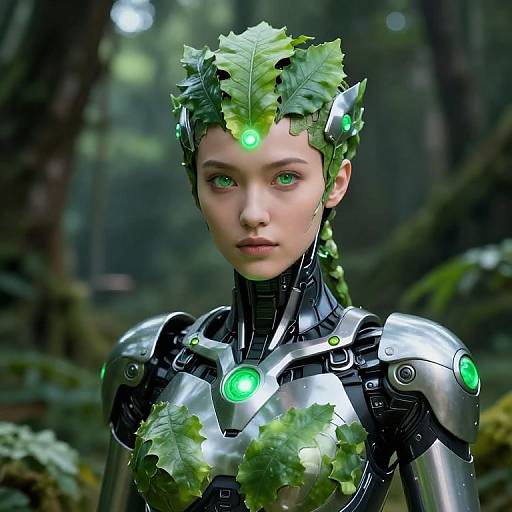 Digital art of a green-eyed, young woman with leaf-adorned cybernetic armor, glowing green accents, in a misty forest.