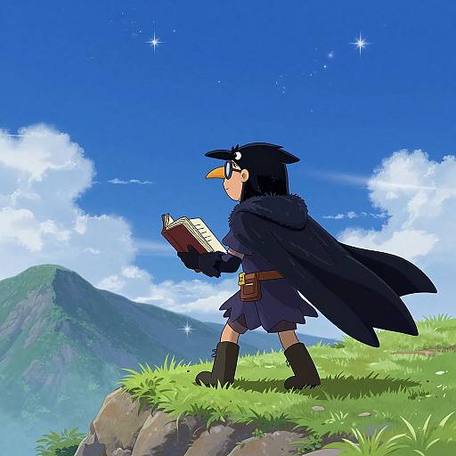Digital anime-style drawing of a bird-caped adventurer with short black hair, holding a book, standing on a grassy cliff, with a mountain and