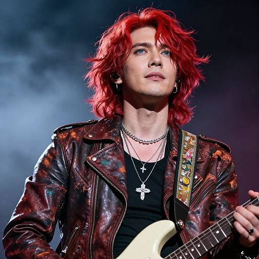 Photograph of a red-haired rock musician with tousled hair, wearing a leather jacket adorned with patches, black shirt, cross necklace, and playing a