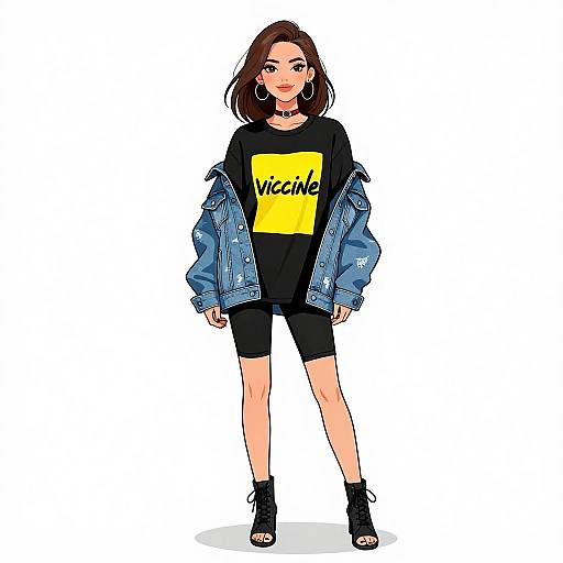 Digital illustration of a young woman with fair skin, brown hair, wearing a black 