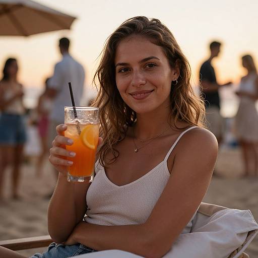 Photograph of a smiling young woman with wavy brown hair, wearing a white tank top, holding an orange drink with a straw, seated at a