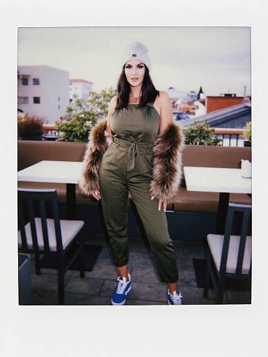 Polaroid Style Woman in Olive Jumpsuit