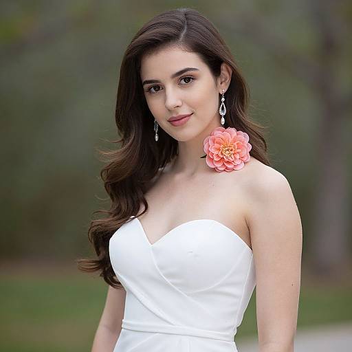 Photograph of a young woman with long brown hair, wearing a strapless white dress, pink flower on shoulder, and dangling earrings, standing outdoors with
