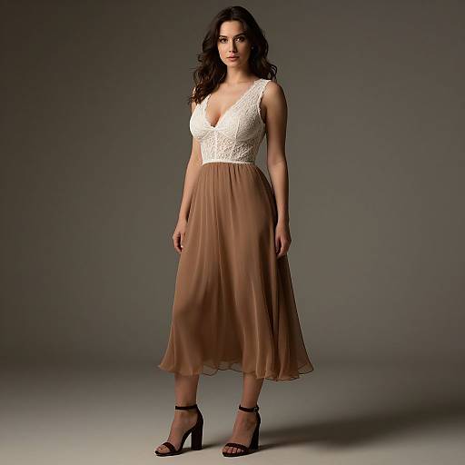 Photograph of a brunette woman with wavy hair, wearing a white lace V-neck top and brown, flowing maxi skirt, standing in black high heels