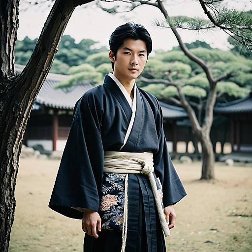 Young Man in Traditional Korean Outfit Outdoors