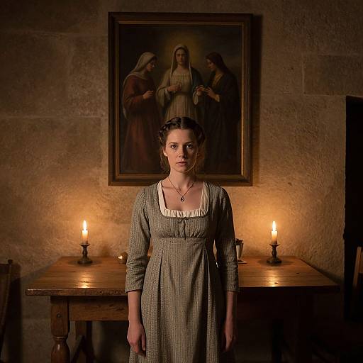 Photograph of a serious woman in a medieval-style dress, standing in a dimly lit room with two lit candles, framed religious painting behind her.