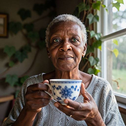 Photograph of an elderly African-American woman with short gray hair, wearing a gray knit sweater, holding a blue floral teacup, standing in a