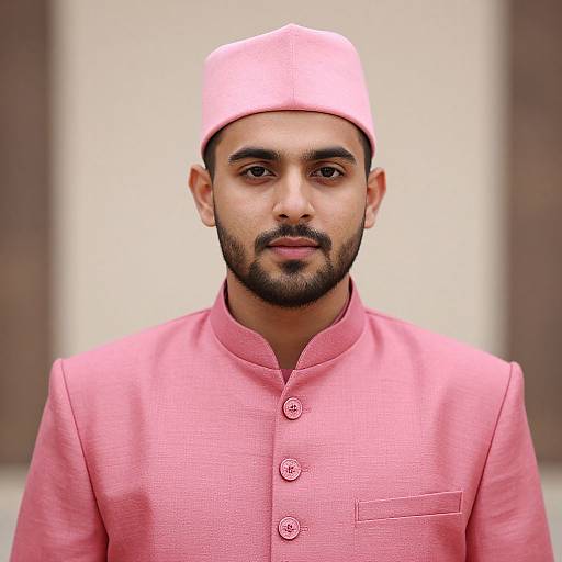Photograph of a young South Asian man with a trimmed beard, wearing a pink traditional cap and matching button-up sherwani, standing against a blurred