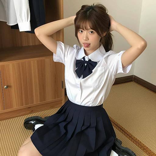 Asian Schoolgirl in Uniform Sitting Indoors