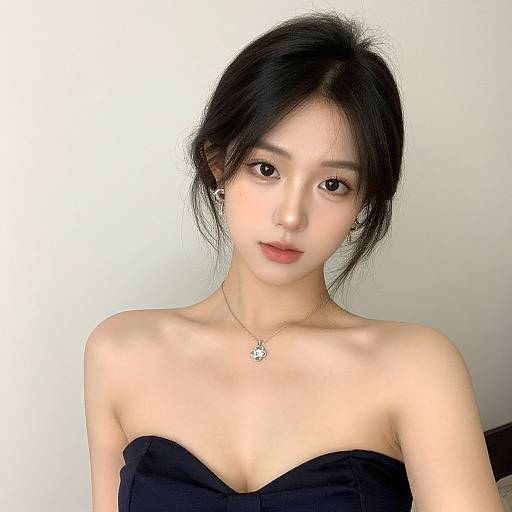 Photograph of an Asian woman with fair skin, black hair in a loose updo, wearing a strapless black dress, small flower necklace, and