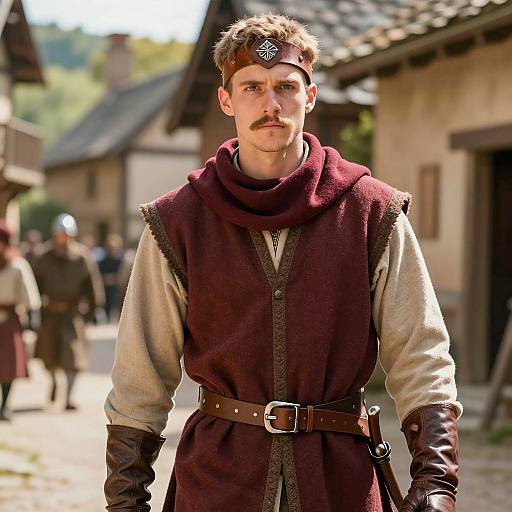 Young Medieval Warrior in Sunlit Village