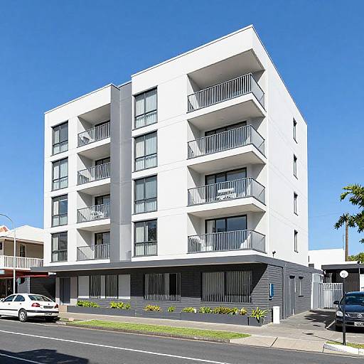 Modern white apartment building with three stories, black balconies, and large windows. Clear blue sky, white car on street, palm tree on right.