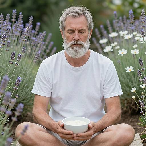 Photograph of an older man with gray beard, white shirt, and gray shorts, sitting cross-legged in lavender garden, holding white bowl, surrounded by