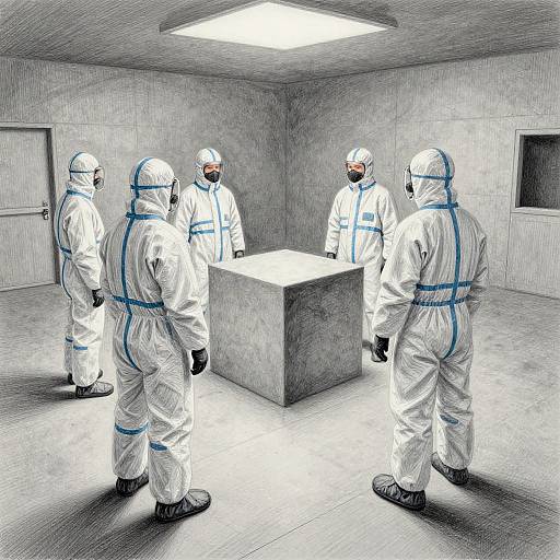 Photograph of five people in white biohazard suits with blue stripes, standing in a sterile, gray-walled room with a central table, under
