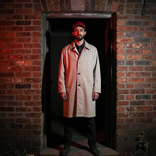 Man in Light Coat Standing in Brick Doorway