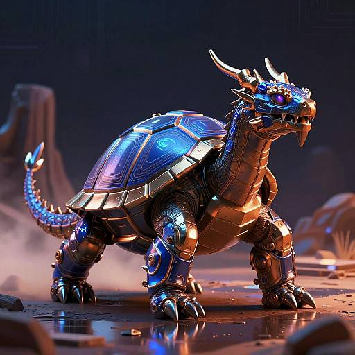 Digital artwork of a glowing, metallic, dragon-turtle hybrid with blue and orange lights, standing on a rocky, desert-like landscape.