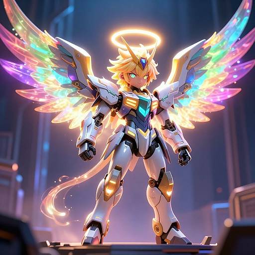 Digital art of a glowing, blonde, robotic angel with rainbow wings, halo, and neon accents, standing in a futuristic, dark cityscape.