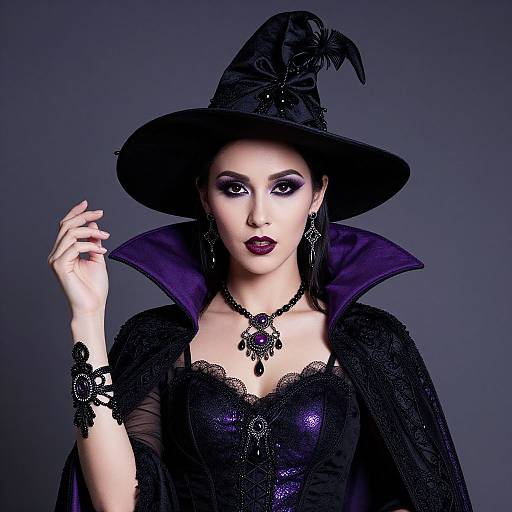 Photograph of a pale-skinned woman with dark makeup, wearing a black witch hat, purple-lined cape, black lace corset, and gothic