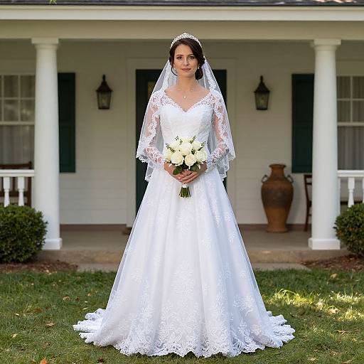 Photograph of a fair-skinned, dark-haired bride in a white lace wedding gown and veil, holding a white flower bouquet, standing on a grass