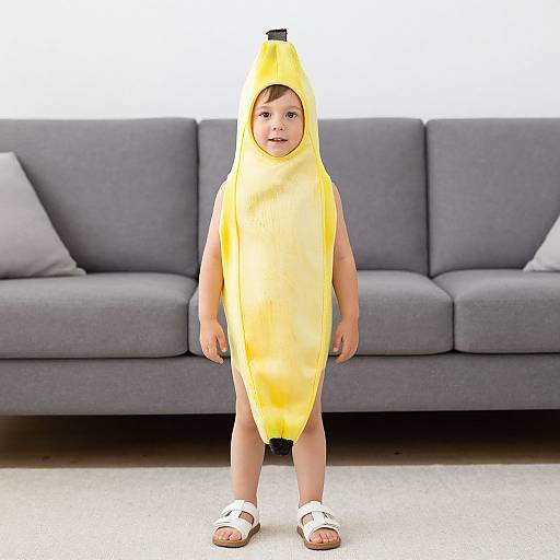 Photograph of a young child wearing a bright yellow banana costume with a hood, standing in front of a gray couch. Child has short brown hair,