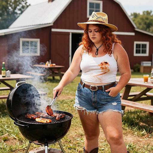 Photograph of a curvy, red-haired woman in a white tank top and denim shorts, grilling food in a backyard with a red barn.