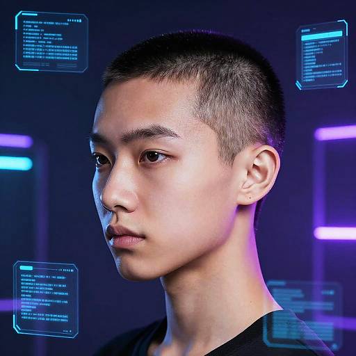 Photograph of an Asian man with short hair and fair skin, serious expression, blue and purple digital holographic text overlays against a dark background.